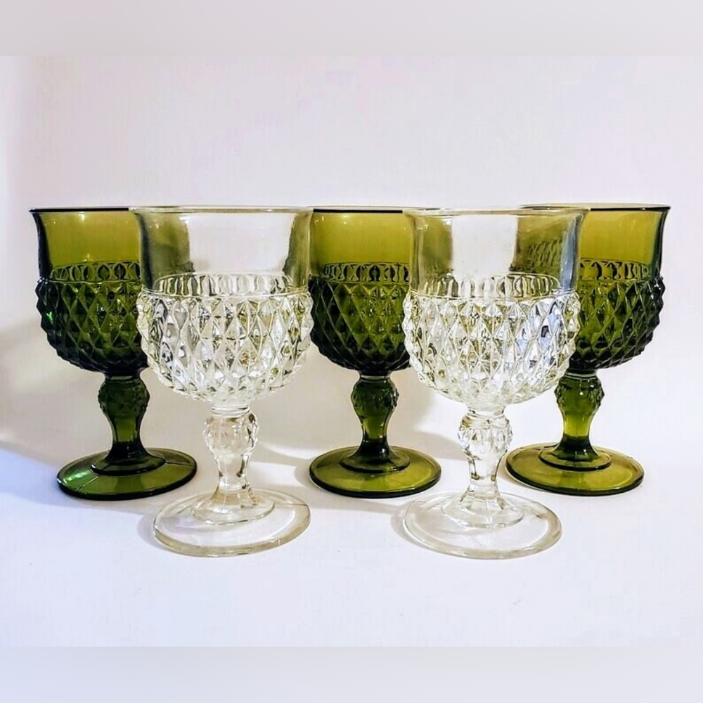 Indiana Glass Diamond Point Water Goblets Vintage Green And Clear Glass